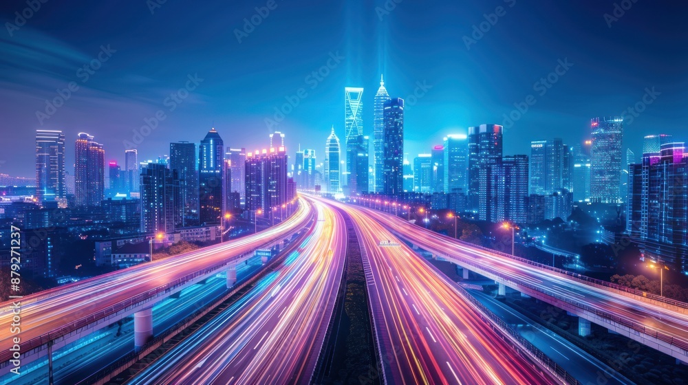 Nighttime Cityscape with Blurred Lights on Highway Nighttime Cityscape with Blurred Lights on Highway