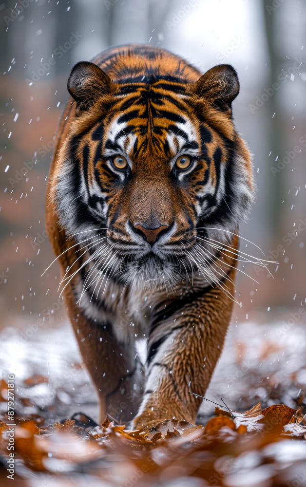 Fototapeta premium A tiger is walking through the snow with its head held high. The contrast between the tiger's orange