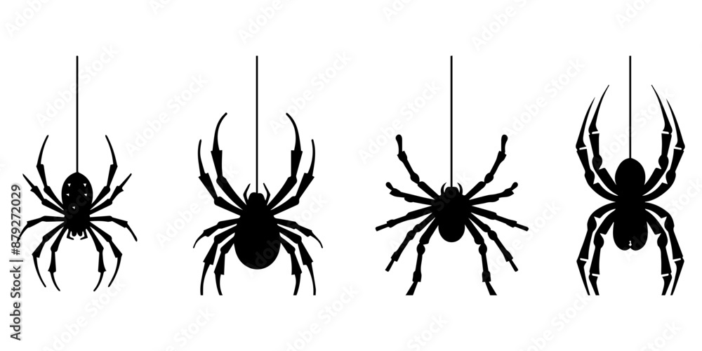Set of black silhouettes of spiders on white background.