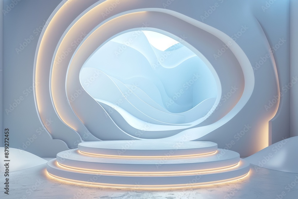 Obraz premium Minimalistic futuristic white podium with neon light in an abstract background, ideal for product showcase, 3d render