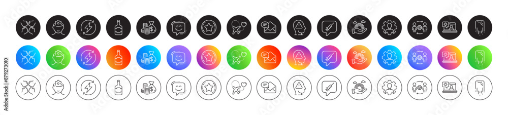 Honeymoon travel, Lgbt and Smartphone recovery line icons. Round icon gradient buttons. Pack of Professional, Renewable power, Engineering team icon. Vector Honeymoon travel, Lgbt and Smartphone recovery line icons. Round icon gradient buttons. Pack of Professional, Renewable power, Engineering team icon. Vector