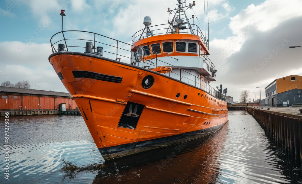 Fototapeta premium A large orange ship is docked in a harbor. The water is calm and the sky is cloudy