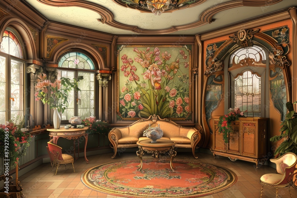 Obraz premium Interior Design Art Nouveau wallpaper featuring elaborate floral patterns