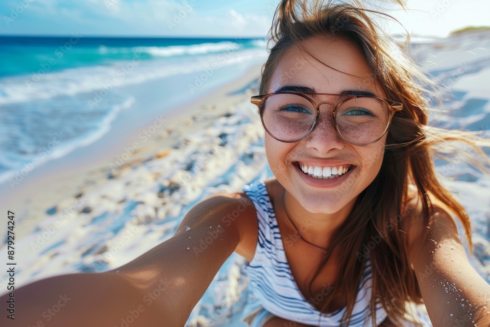 Young smiling girl taking a selfie on the beach Young smiling girl taking a selfie on the beach