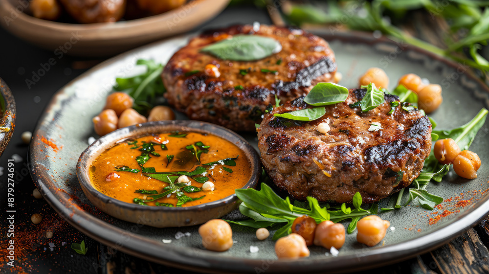 Grilled beef patty served on a plate with chickpeas and a flavorful sauce on the side. Grilled beef patty served on a plate with chickpeas and a flavorful sauce on the side.
