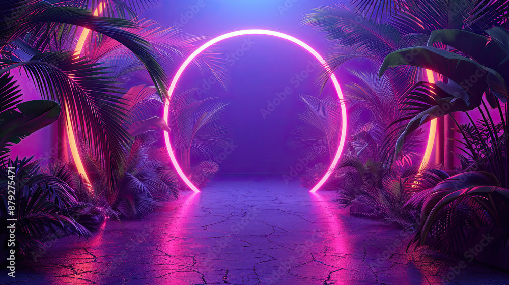 Fototapeta premium Futuristic Summer Beach Party with Bright Neon Lights and Tropical Palms