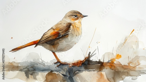 A detailed watercolor painting of a small brown bird perched on a branch, showcasing delicate brushstrokes and earthy tones. photo