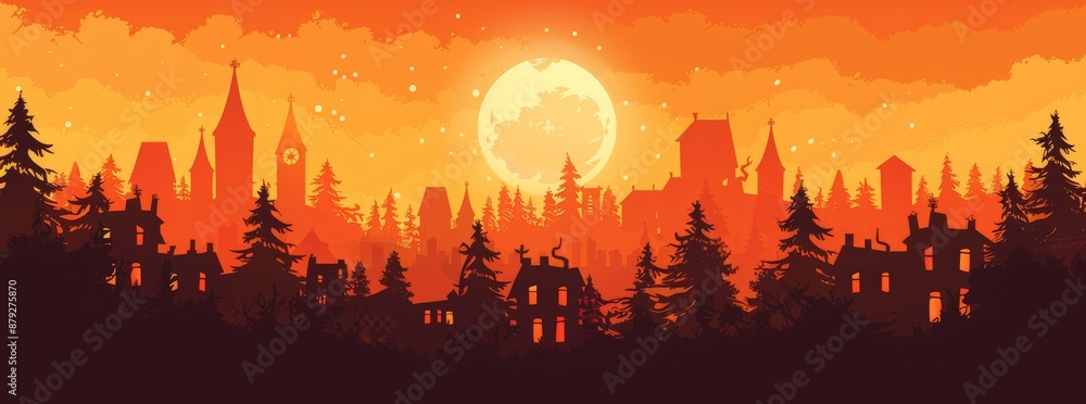 Obraz premium Halloween background with a silhouette of a haunted house, full moon and spooky trees on an orange sky.