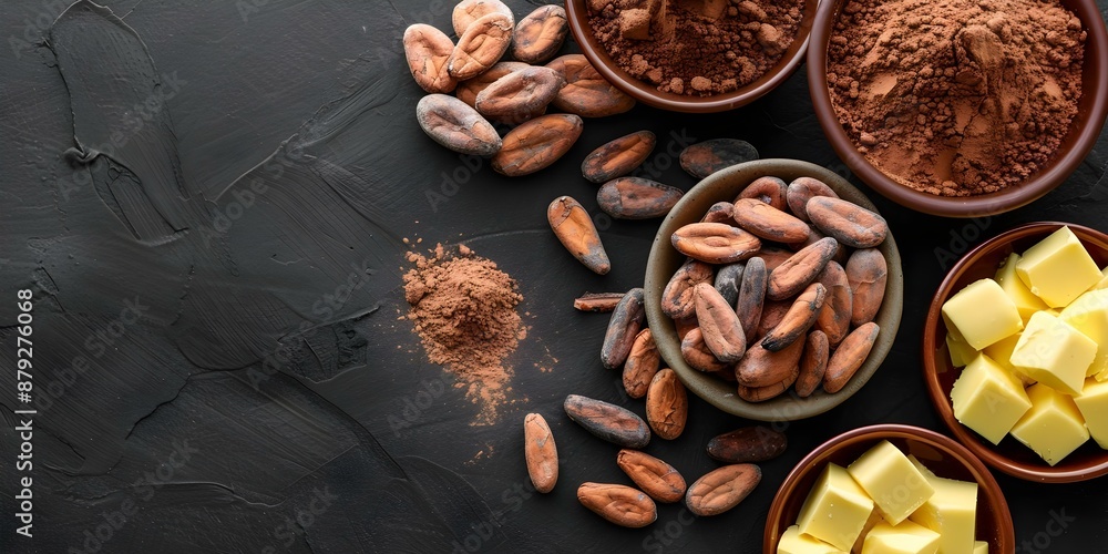 Cocoa Beans, Chocolate Butter, and Powder Top View on Black Background. Concept Food Photography, Cocoa Products, Top View Shot, Dark Background, Culinary Ingredients Cocoa Beans, Chocolate Butter, and Powder Top View on Black Background. Concept Food Photography, Cocoa Products, Top View Shot, Dark Background, Culinary Ingredients