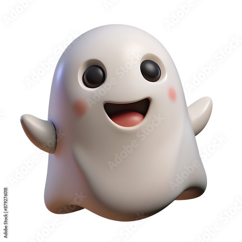 A 3d cartoon ghost with a smiling face and cute, happy expression