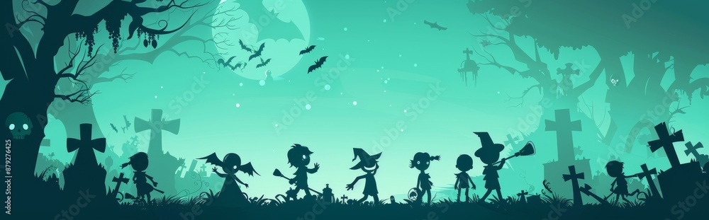 Halloween night background with silhouettes of children dressed as witches and soldiers in the cemetery Halloween night background with silhouettes of children dressed as witches and soldiers in the cemetery