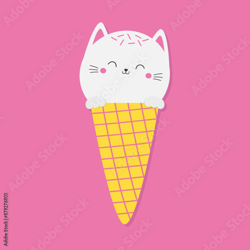 Waffle cone ice cream with cat face. White kawaii kitten head. Cute cartoon animal silhouette. Funny baby kitty. Happy Valentines Day. Love card. Childish style. Flat design. Pink background. Vector