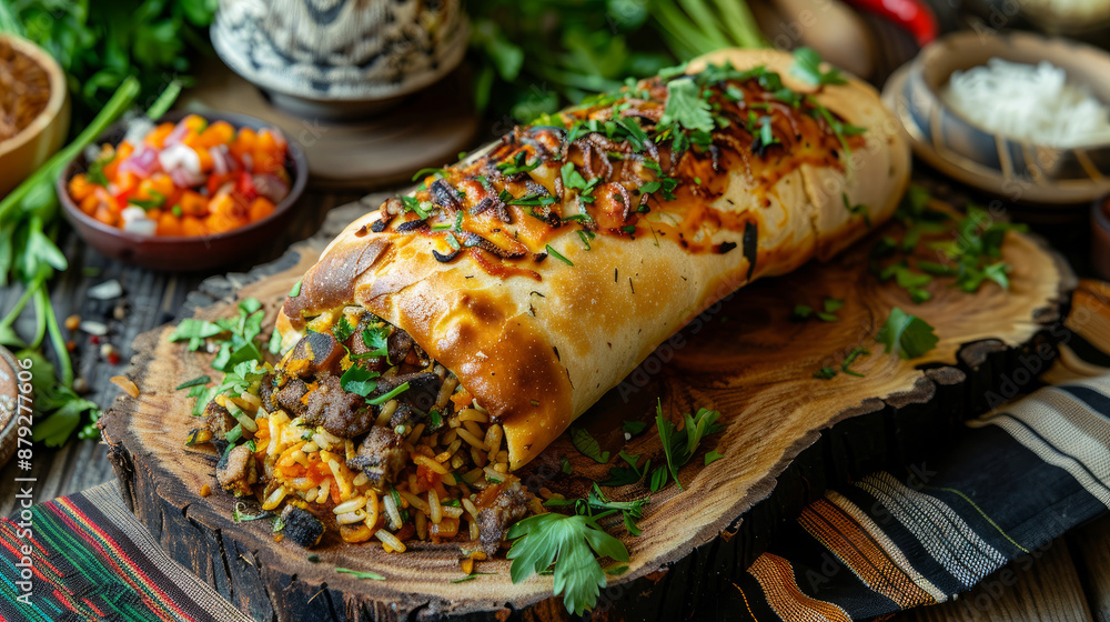 Lamb-stuffed rice pilaf wrapped in bread, a traditional Azerbaijani dish. Lamb-stuffed rice pilaf wrapped in bread, a traditional Azerbaijani dish.