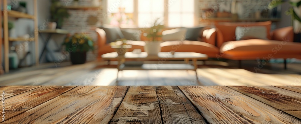 A wooden table top offers a blur of a cozy living room in the background, creating a warm and inviting ambiance A wooden table top offers a blur of a cozy living room in the background, creating a warm and inviting ambiance