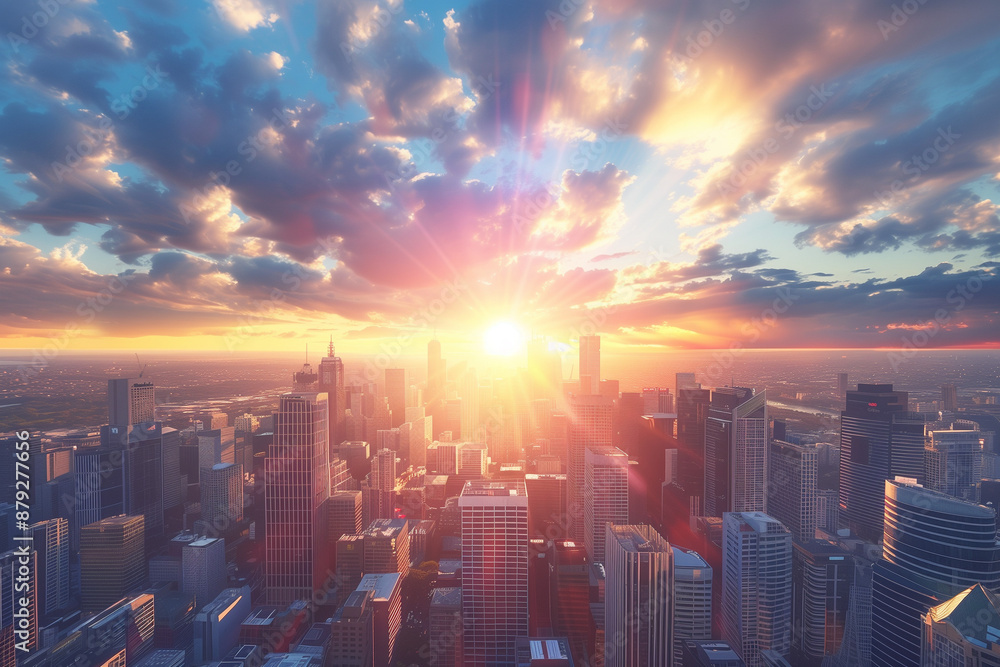 Fototapeta premium Sunset Backlight Shining Through CBD Skyscrapers