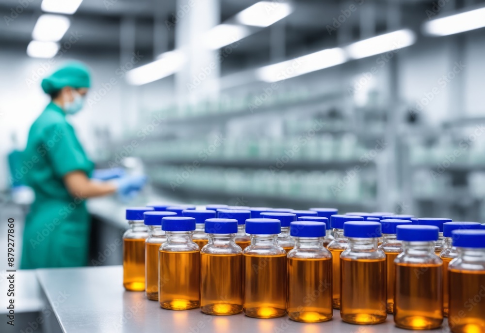 Glass bottles Medical vials on production line at pharmaceutical factory, staff working in the blurred background Glass bottles Medical vials on production line at pharmaceutical factory, staff working in the blurred background