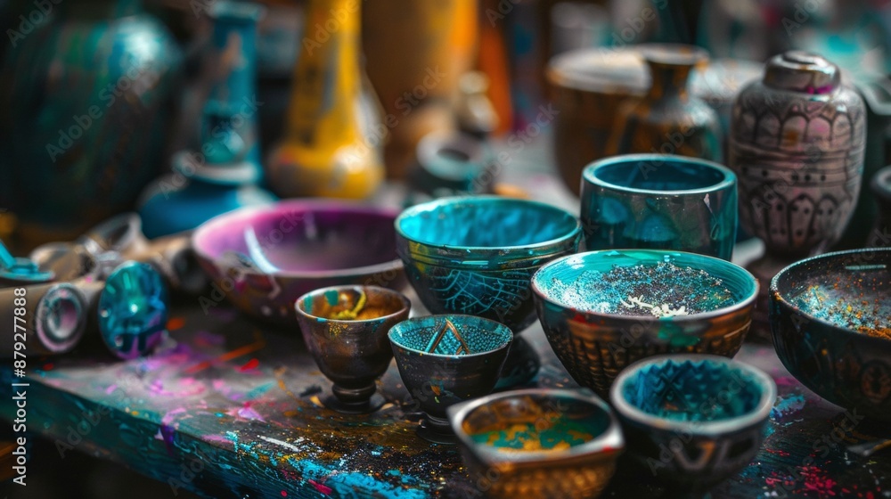Fototapeta premium Assorted colorful pottery on an artist's table