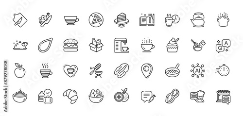Peanut, Vegetable and Cutting board line icons pack. AI, Question and Answer, Map pin icons. Croissant, Pumpkin seed, Pasta web icon. Teapot, Apple, Pecan nut pictogram. Vector