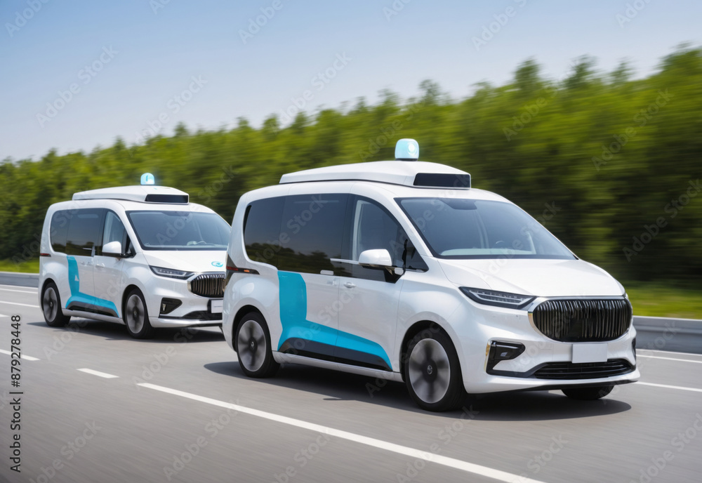 futuristic robotaxi or van trucks fleet on highway with full self driving system activated for transportation futuristic robotaxi or van trucks fleet on highway with full self driving system activated for transportation