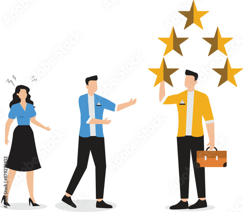 Evaluation, employee appraisal, rating or feedback, stars quality or excellent job, assessment or year end review, giving rating or performance review concept, businessman manager give 5 stars rating
