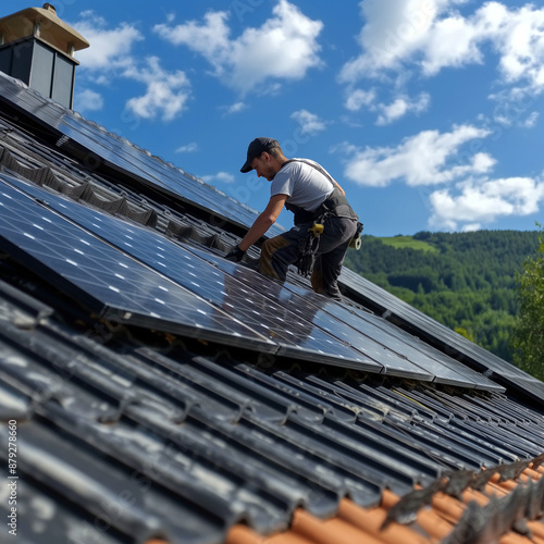 Worker fitting solar panels on a roof with fluffy clouds in the sky.