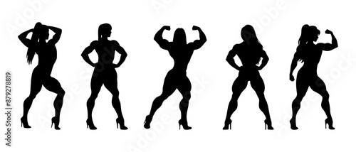 Silhouettes of female bodybuilder.  Bodybuilding black filled vector Illustration icon.