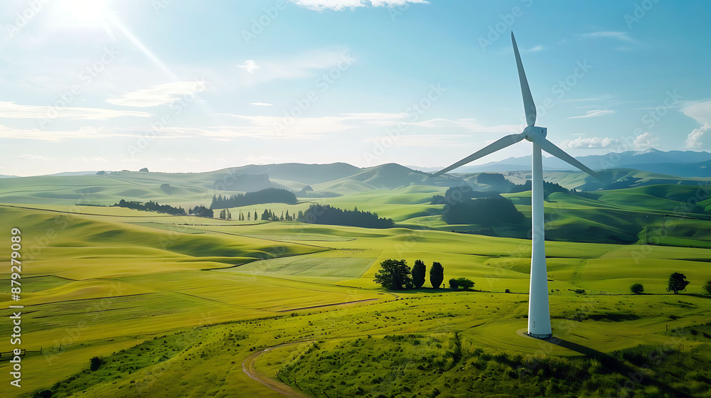Mountain wind turbines farm with clear sky, renewable energy, and green landscape Mountain wind turbines farm with clear sky, renewable energy, and green landscape