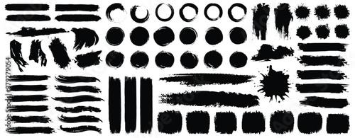 Big grunge brush set. Brush lines set. Vector black paint brush spots, highlighter lines or felt-tip pen marker. Ink smudge abstract shape stains and smear set with texture - Vector 