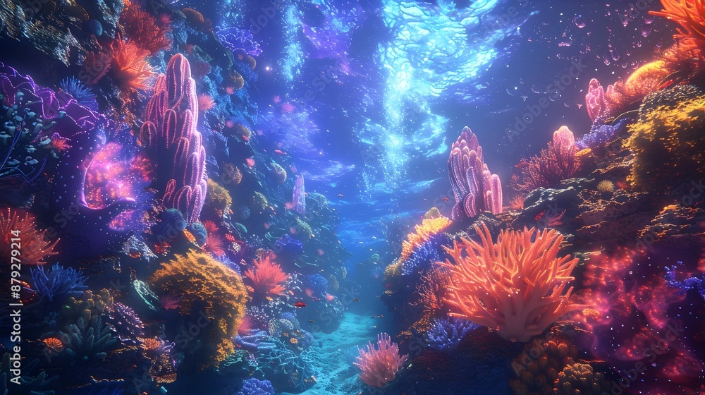 Obraz premium Ethereal Cosmic Oceanic Panorama with Alien-Like Marine Organisms and Iridescent Coral Structures