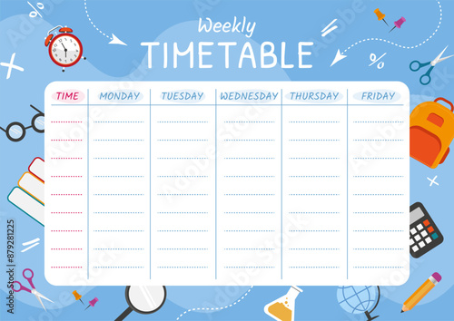 School timetable template with school supplies, alarm, books, pencil, bag. school planner. Vector illustration