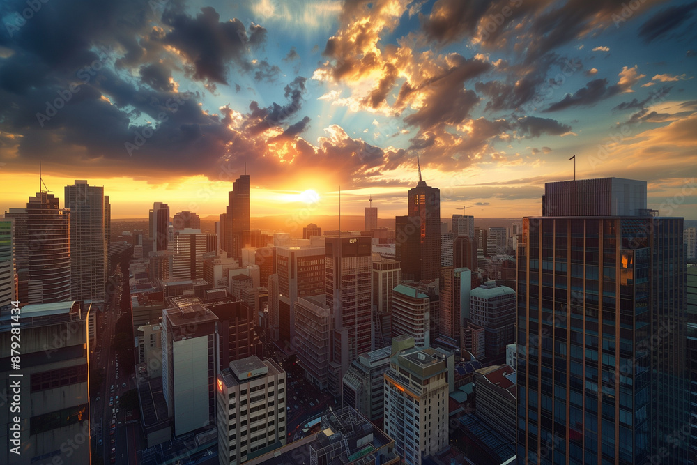 Fototapeta premium Sunset Backlight Shining Through CBD Skyscrapers