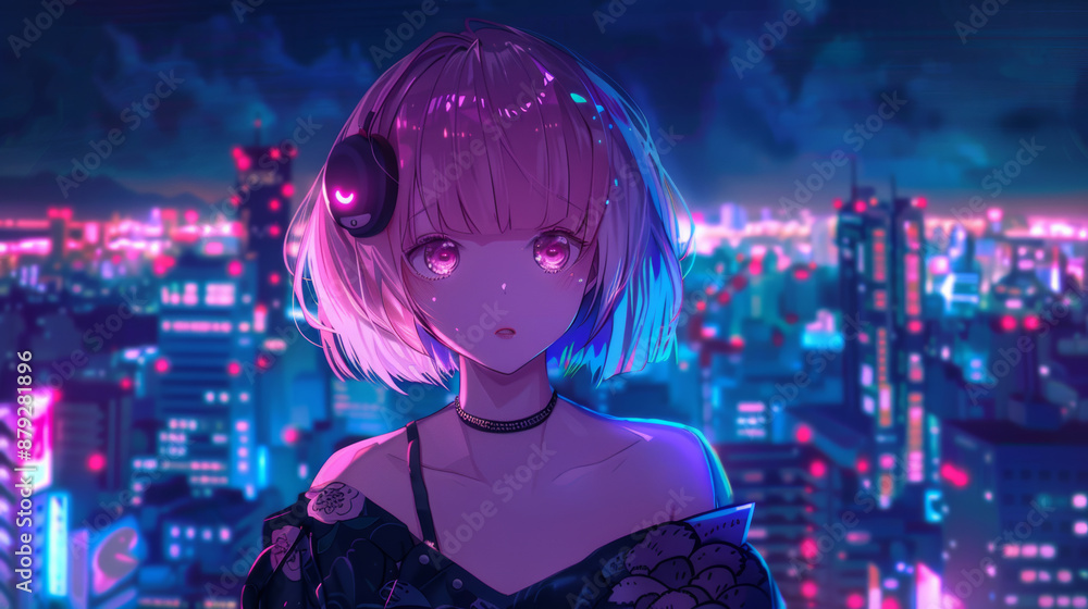 A beautiful girl she is standing on rooftop thin rip neon blue hair pink eyes bob cut city neon night in Tokyo, japanese animation A beautiful girl she is standing on rooftop thin rip neon blue hair pink eyes bob cut city neon night in Tokyo, japanese animation