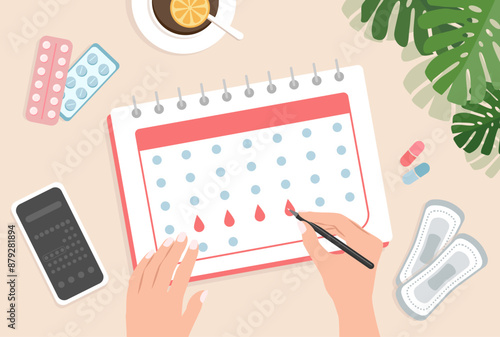 Menstrual cycle calendar. Top view of female hands filling out a calendar sitting at the table. Vector illustration