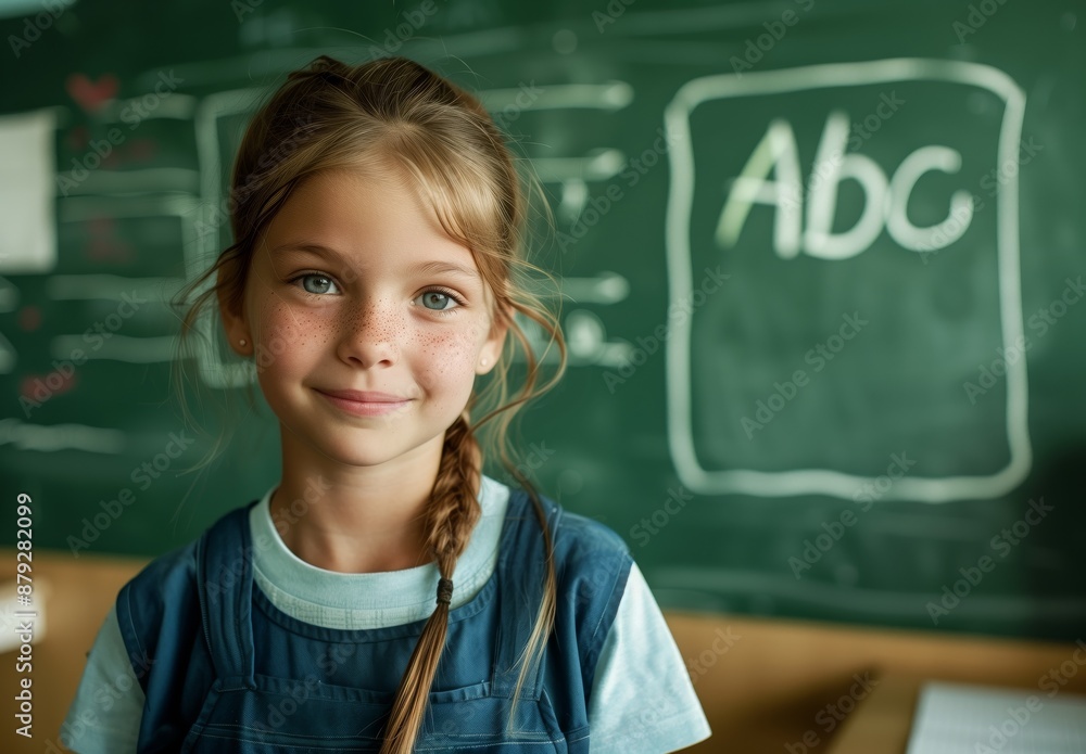 Smiling Young Girl Standing in Front of Chalkboard with ABC Written, Embracing School Life Smiling Young Girl Standing in Front of Chalkboard with ABC Written, Embracing School Life