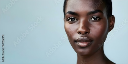 Portrait of a woman with glowing dark skin against a gray backdrop with room for text. Concept Portrait, Woman, Glowing Skin, Gray Backdrop, Text Space photo