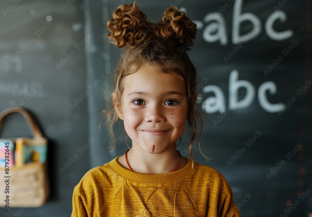 Smiling Young Girl Standing in Front of Chalkboard with ABC Written, Embracing School Life Smiling Young Girl Standing in Front of Chalkboard with ABC Written, Embracing School Life