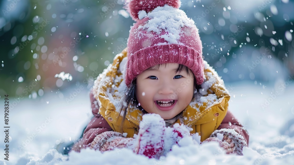 Cute Asian child sliding on snow in the park. copy space for text. Cute Asian child sliding on snow in the park. copy space for text.