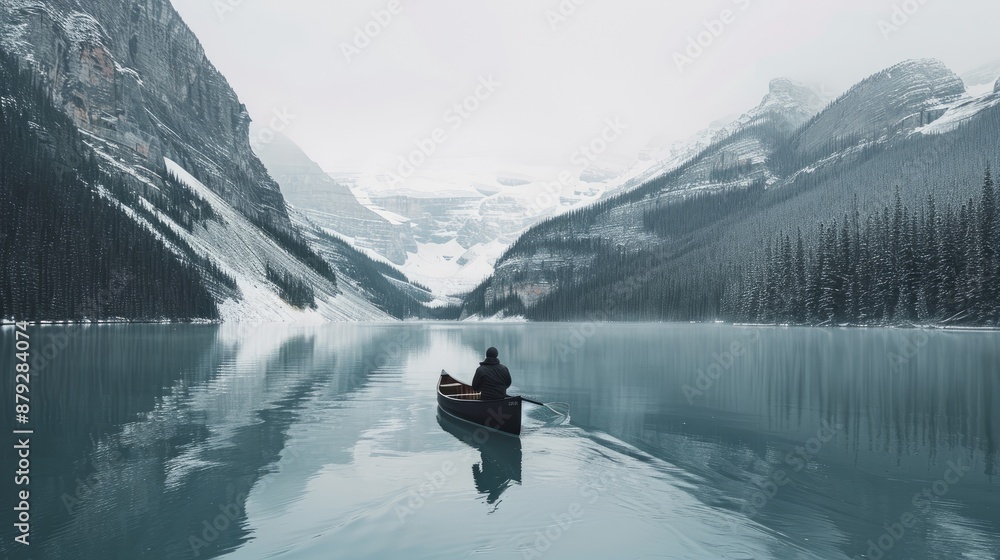 A person canoes across a still, reflective lake, with a snow-capped mountain range visible in the distance A person canoes across a still, reflective lake, with a snow-capped mountain range visible in the distance