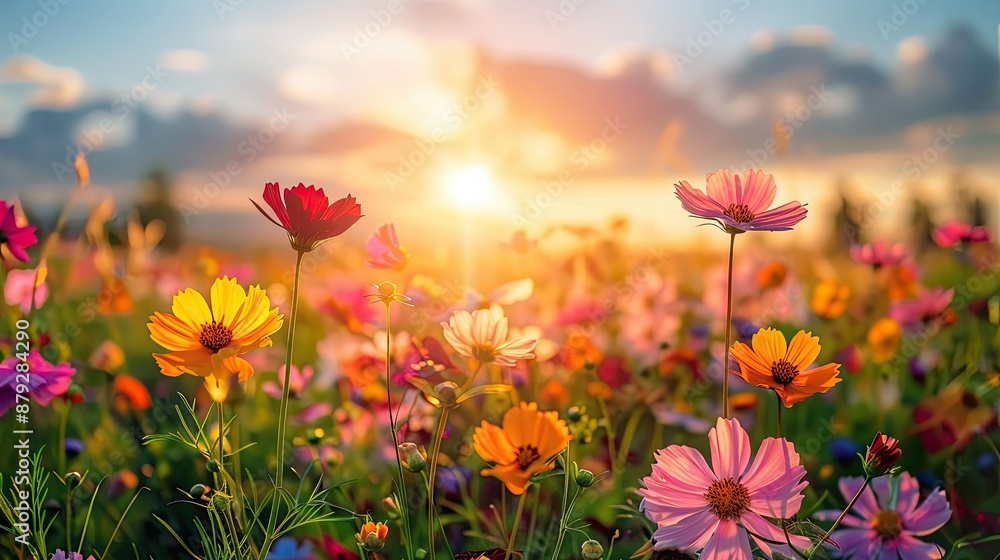 Bright sunlight shining on vibrant flower field Bright sunlight shining on vibrant flower field