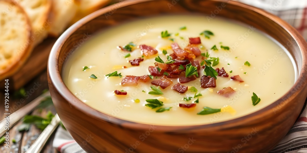 Czech Potato Soup Garnished with Bacon Bits and Fresh Herbs. Concept Soup recipe, Czech cuisine, Potatoes, Bacon, Fresh herbs Czech Potato Soup Garnished with Bacon Bits and Fresh Herbs. Concept Soup recipe, Czech cuisine, Potatoes, Bacon, Fresh herbs
