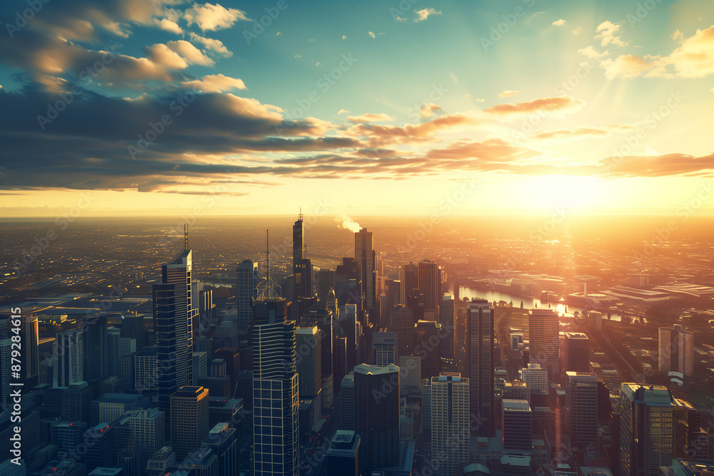 Fototapeta premium Sunset Backlight Shining Through CBD Skyscrapers - Urban Sunset Photography