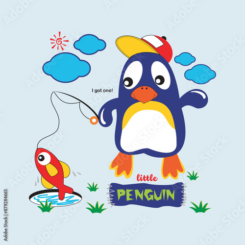 cute penguin is fishing outdoors design cartoon vector illustration