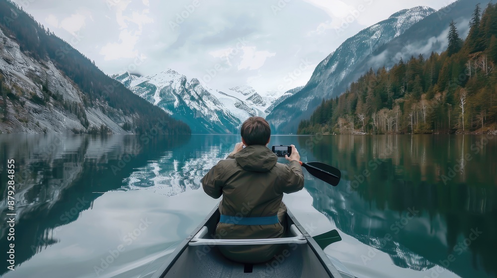 A person canoes across a still, reflective lake, with a snow-capped mountain range visible in the distance A person canoes across a still, reflective lake, with a snow-capped mountain range visible in the distance