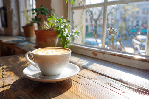 Cup of fresh hot flat white coffee near the window in cafe or at home.