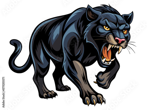 vector illustration of roaring black panther, full body illustration, crawling