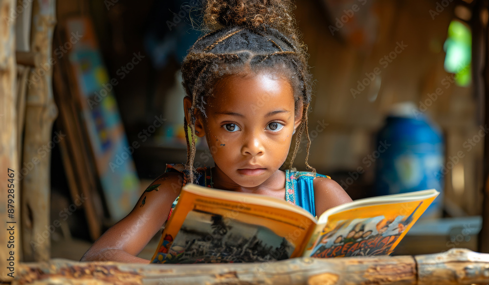 A young girl is sitting on a wooden bench reading a book. She has a serious expression on her face as she reads. A young girl is sitting on a wooden bench reading a book. She has a serious expression on her face as she reads.