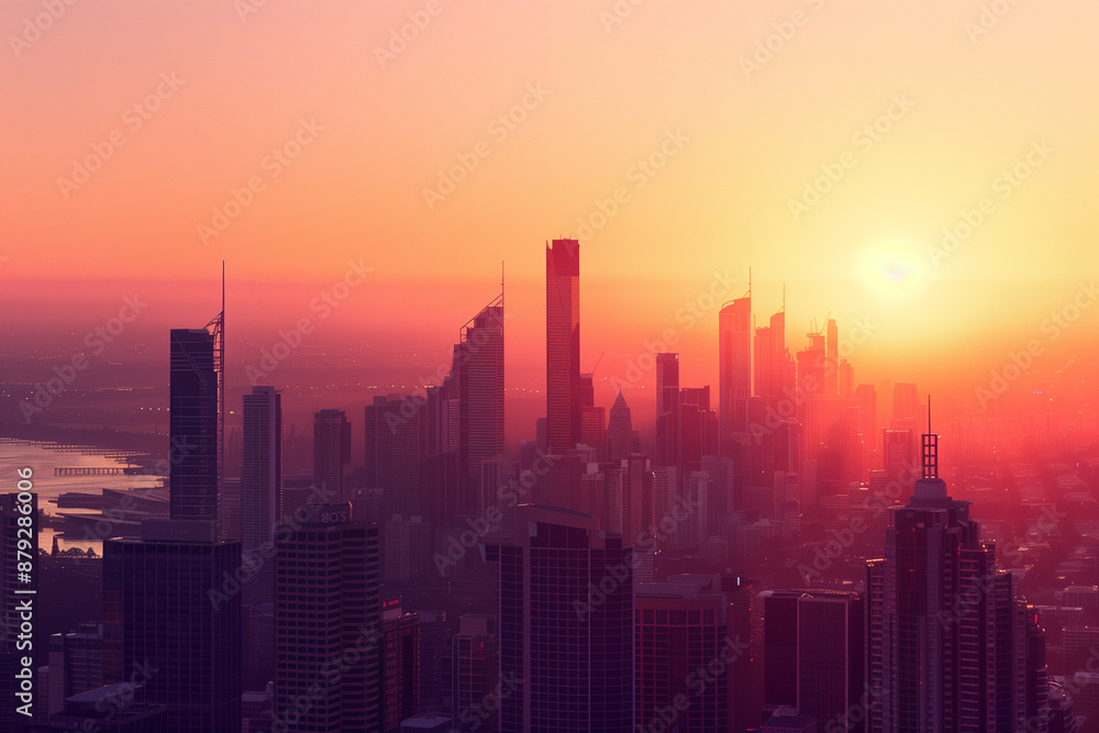 Fototapeta premium Sunset Backlight Shining Through CBD Skyscrapers