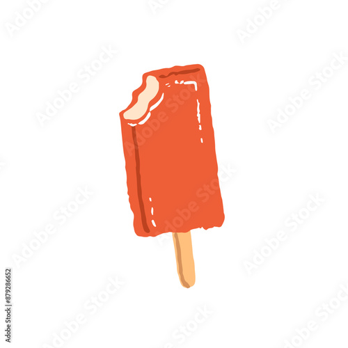 Bitten ice cream with chocolate frosting on stick. Icing icecream on bar. Popsicle with topping. Frozen milk dessert, cold food for refreshment. Flat isolated hand drawn vector illustration on white