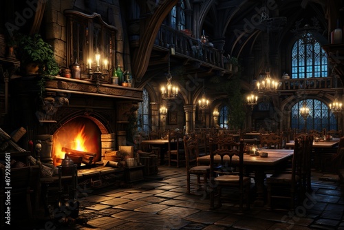 fantasy medieval tavern, interior, illustration