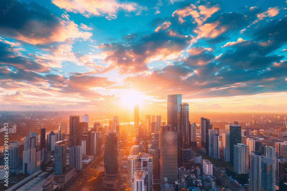 Fototapeta premium Sunset Backlight Shining Through CBD Skyscrapers - Urban Sunset Photography